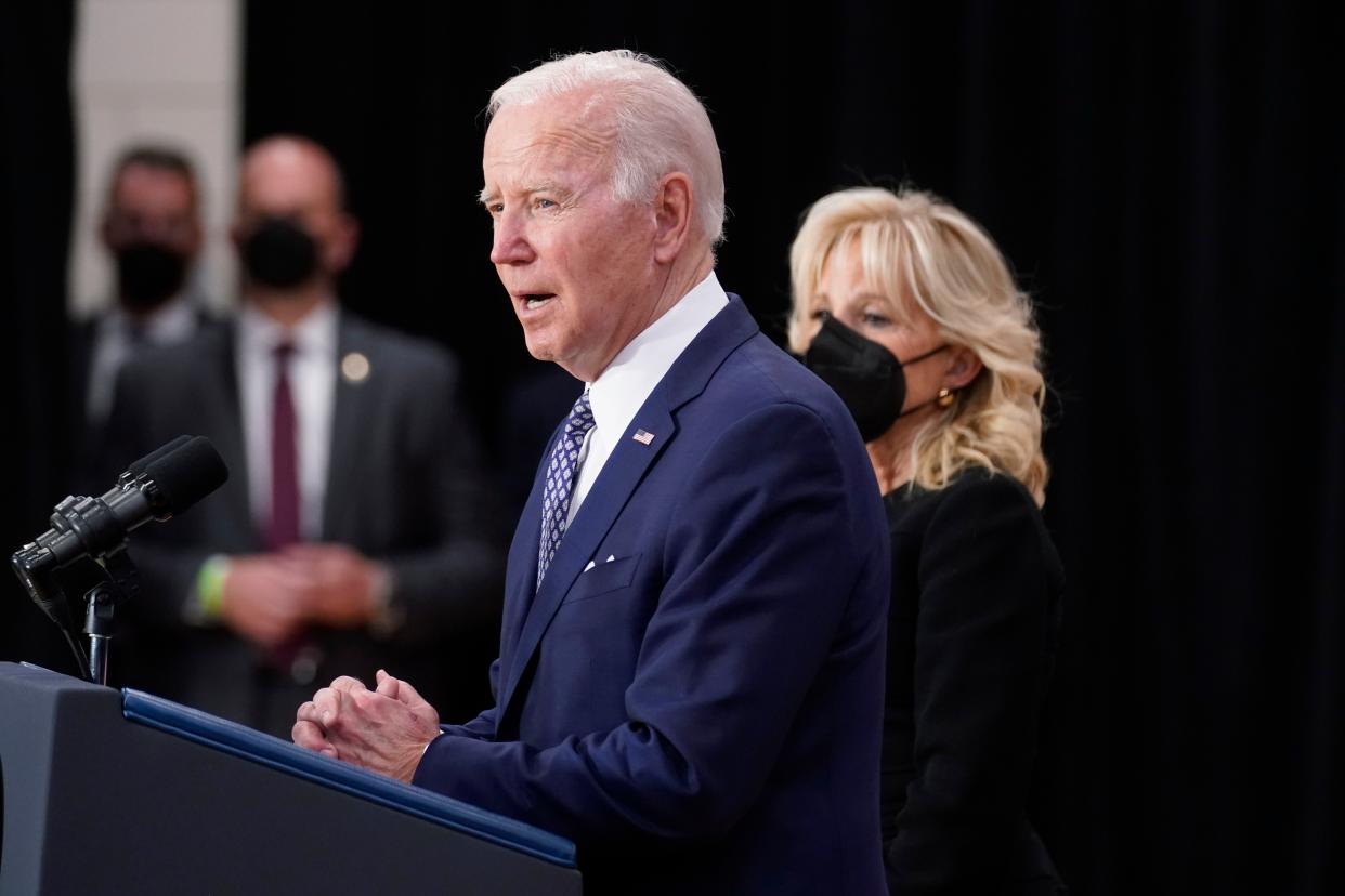 First lady Jill Biden listens as President Joe Biden speaks to families of victims of Saturday's shooting, law enforcement and first responders, and community leaders at the Delavan Grider Community Center in Buffalo, N.Y., Tuesday, May 17, 2022. (AP Photo/Andrew Harnik)