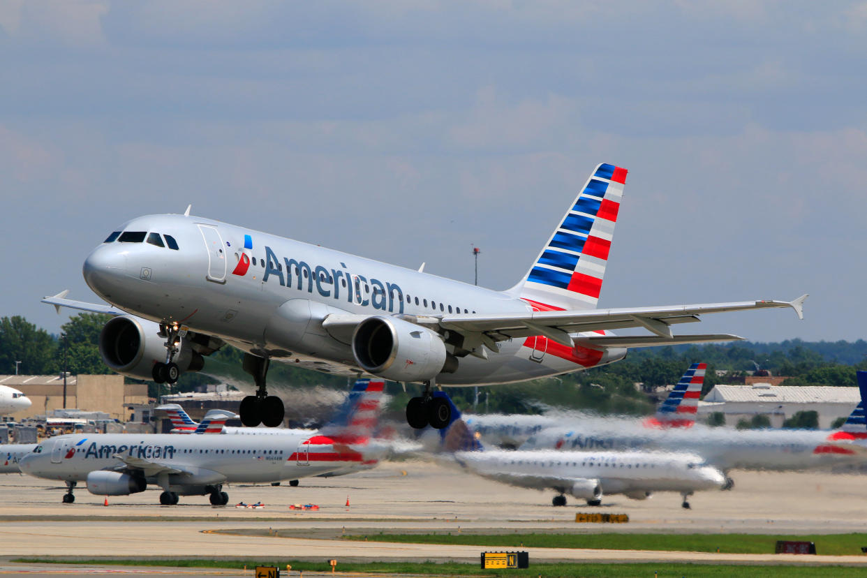 Charlotte, NC, USA - May 28, 2016: American Airlines Airbus A319 (Registration No. N723UW) taking off at Charlotte Douglas International Airport.