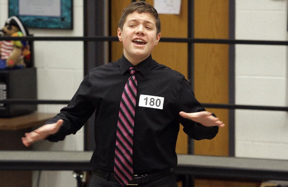 In this March 12, 2014 photo, Reat Underwood, of Stillwell, Kan., performs a vocal audition for the 45th season of Theatre in the Park at Overland Park, Kan. Underwood along with his grandfather William Lewis Corporon were both killed by a gunman at the Jewish Community Center in Overland Park, Kan., on Sunday, April 13, 2014. (AP Photo/The Kansas City Star, Susan Pfannmuller) LOCAL MEDIA OUT