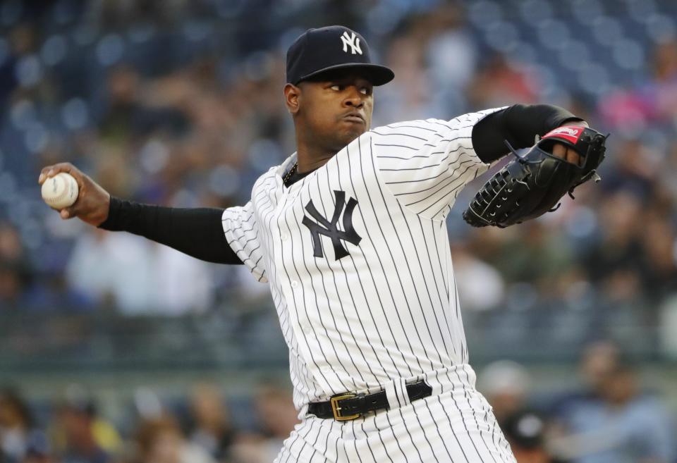 New York Yankees' Luis Severino delivers a pitch during the first inning of a baseball game against the New York Mets Monday, Aug. 13, 2018, in New York. (AP Photo/Frank Franklin II)