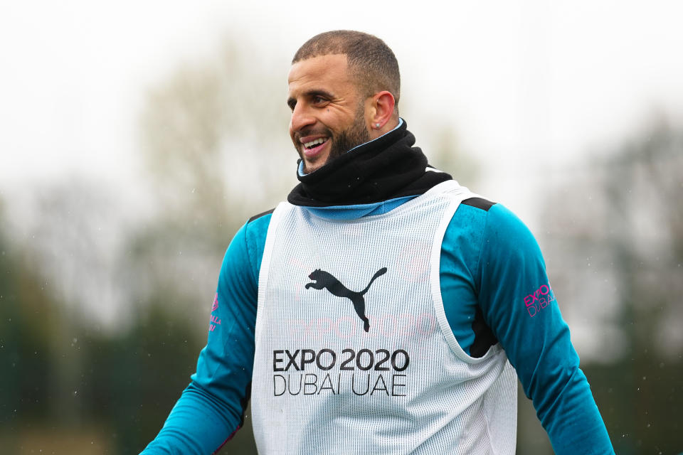 MANCHESTER, ENGLAND - APRIL 06: Manchester City's Kyle Walker in action during training at Manchester City Football Academy on April 6, 2022 in Manchester, England. (Photo by Tom Flathers/Manchester City FC via Getty Images)