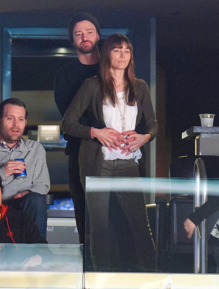 LOS ANGELES, CA - JANUARY 03: Justin Timberlake and Jessica Biel dance together at a basketball game between the Memphis Grizzlies and the Los Angeles Lakers at Staples Center on January 3, 2017 in Los Angeles, California. (Photo by Noel Vasquez/Getty Images)