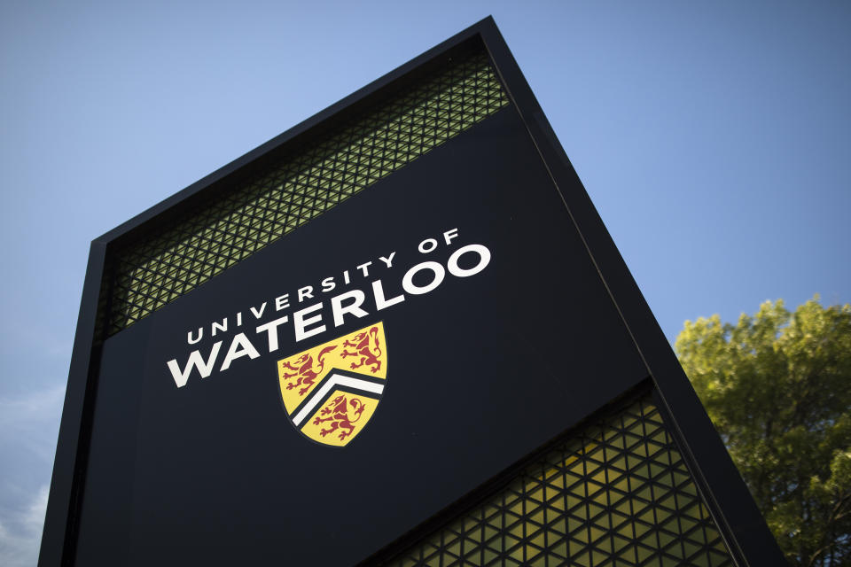 A University of Waterloo sign is shown in Waterloo, Ontario, Wednesday, June 28, 2023. Waterloo Regional Police said three victims were stabbed inside the university's Hagey Hall, and a person was taken into custody. (Nick Iwanyshyn/The Canadian Press via AP)