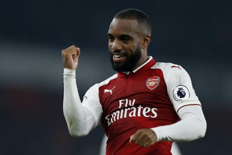 Arsenal's striker Alexandre Lacazette celebrates scoring from the penalty spot against West Bromwich Albion at the Emirates Stadium in London on September 25, 2017