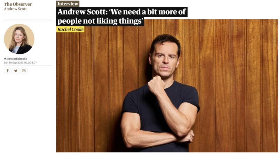 Screenshot of the Observer’s Rachel Cooke’s interview with Andrew Scott, of Fleabag fame.