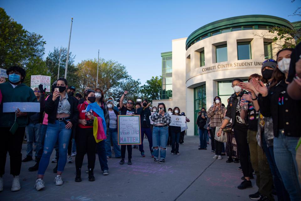 NMSU students and community members protest against an anti-trans guest speaker on Tuesday, April 4, 2023, outside of the Corbett Center Student Union at New Mexico State University. 