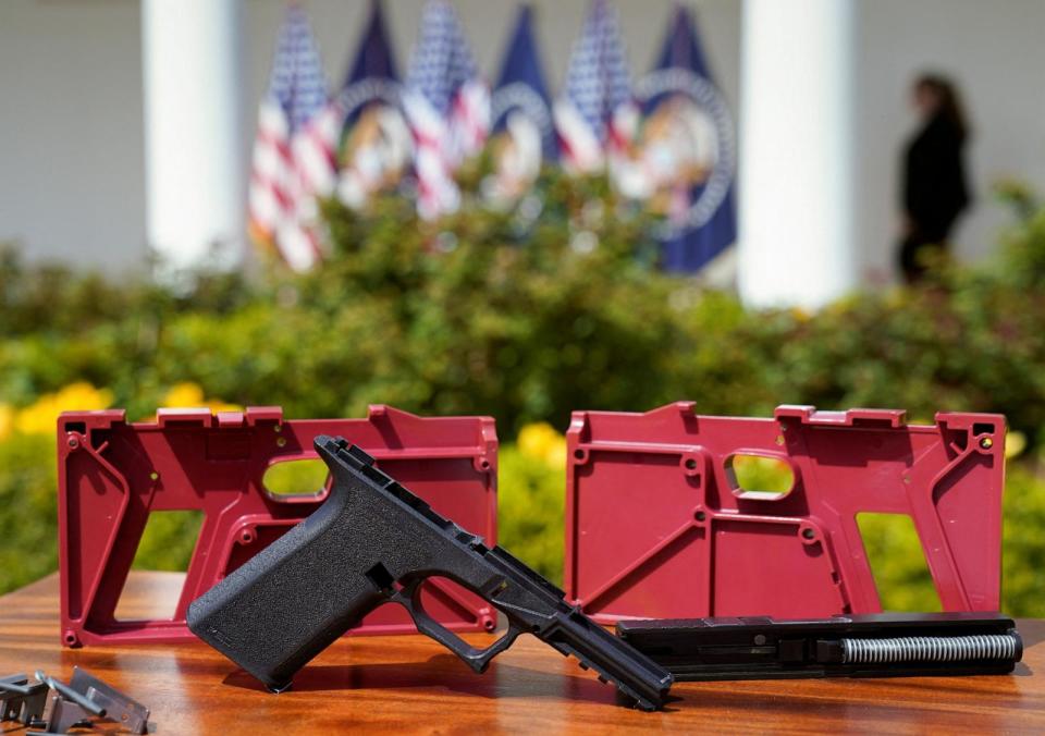 PHOTO: Parts of a ghost gun kit are on display at an event held by President Joe Biden to announce measures to fight ghost gun crime, at the White House in Washington, D.C., April 11, 2022.  (Kevin Lamarque/Reuters, FILE)
