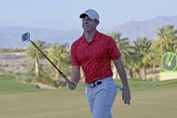 Rory McIlroy, of Northern Ireland, reacts on the 18th hole after winning the CJ Cup golf tournament Sunday, Oct. 17, 2021, in Las Vegas. (AP Photo/David Becker)