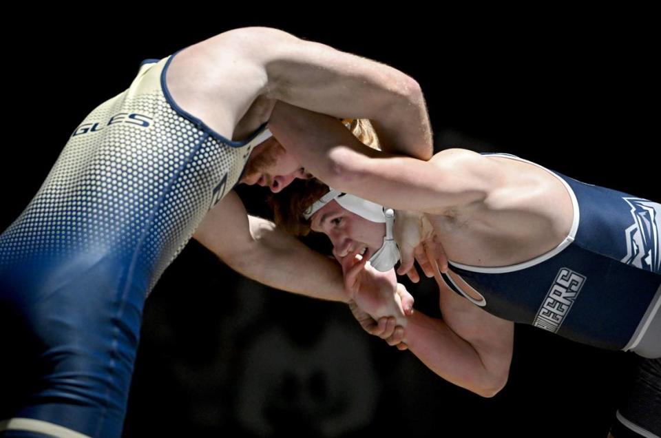 Bald Eagle Area’s Cameron Dubbs and Philipsburg-Osceola’s Colton Chapman face off in the 160 lb match during the dual on Thursday, Jan. 18, 2024.