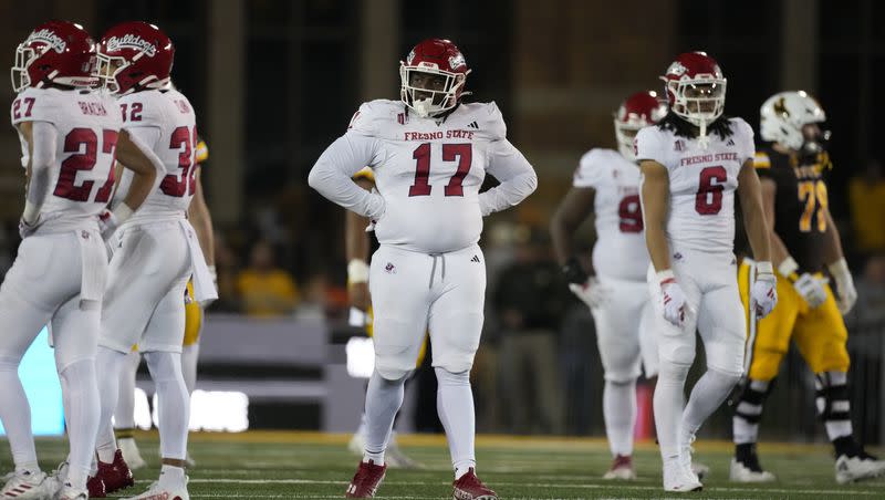 Fresno State defensive lineman Johnny Hudson Jr. (17) looks on during a game on Oct. 7, 2023, in Laramie, Wyo.