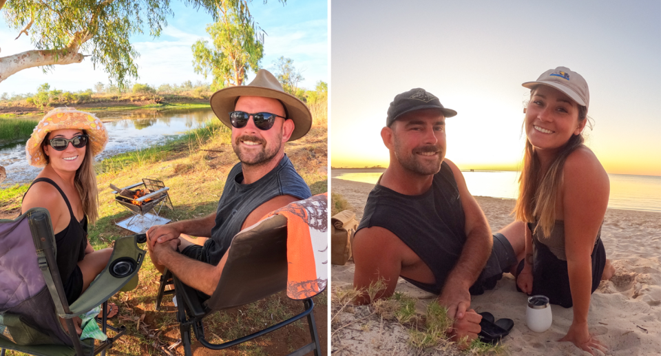 Bryce and Chelsea pictured camping near a lagoon (left) and smiling on the beach (right).