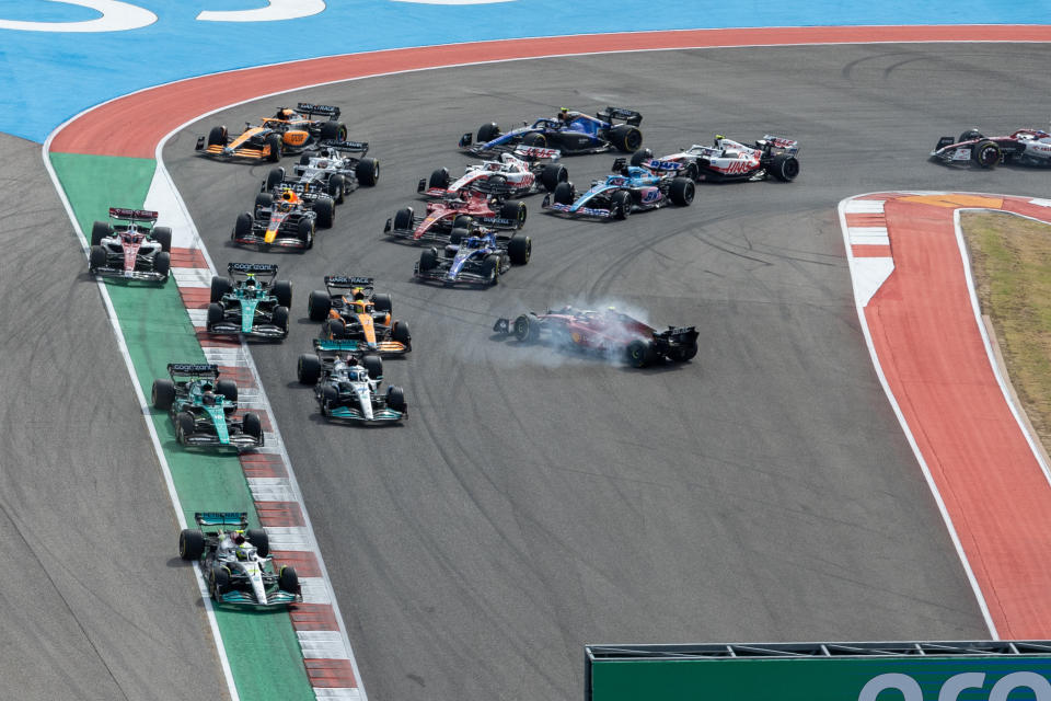 AUSTIN, TX - OCTOBER 23: Scuderia Ferrari driver Carlos Sainz (55) of Team Spain spins out at turn 1 after the start of the finals of the F1 US Grand Prix at Circuit of the Americas on October 23, 2022 in Austin, TX. (Photo by David Buono/Icon Sportswire via Getty Images)