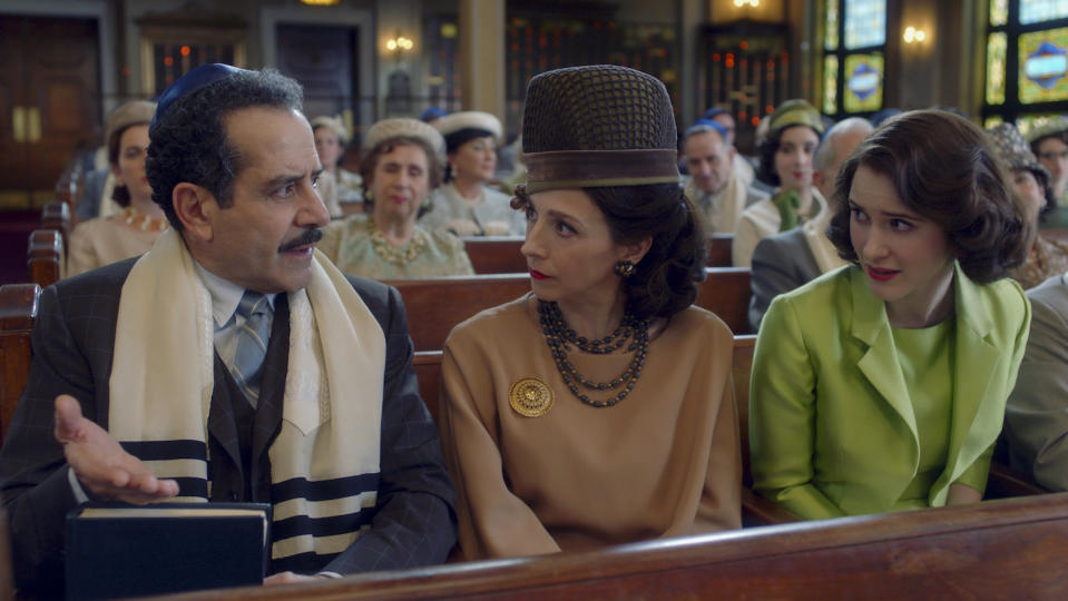 Tony Shaloub, Marin Hinkle, and Rachel Brosnahan in “The Marvelous Mrs. Maisel” - Credit: Courtesy of Prime Video