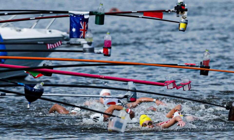 The feeding pontoon during the women’s 10km marathon swimming.