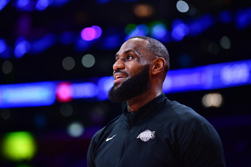 May 22, 2023; Los Angeles, California, USA; Los Angeles Lakers forward LeBron James (6) warms up before game four against the Denver Nuggets during the Western Conference Finals for the 2023 NBA playoffs at Crypto.com Arena. Mandatory Credit: Gary A. Vasquez-USA TODAY Sports