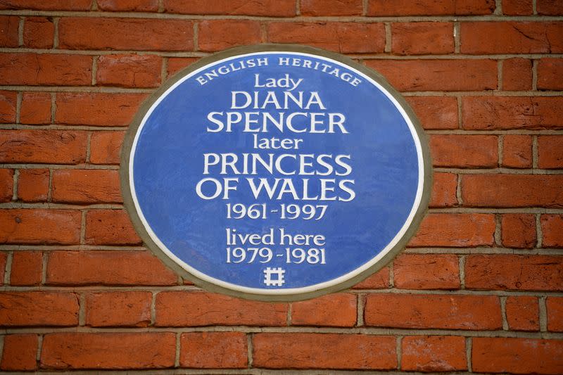 English Heritage's Blue Plaque to Diana, Princess of Wales marking the flat where she lived at the time of her engagement to the Prince of Wales is pictured in London