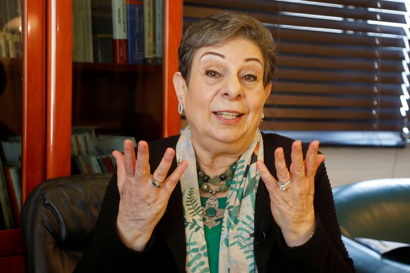 Palestinian politician Hanan Ashrawi gestures during an interview with Reuters, in Ramallah in the Israeli-occupied West Bank