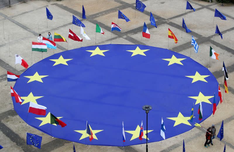 EU flag lies at Schuman square on eve of Europe Day in Brussels