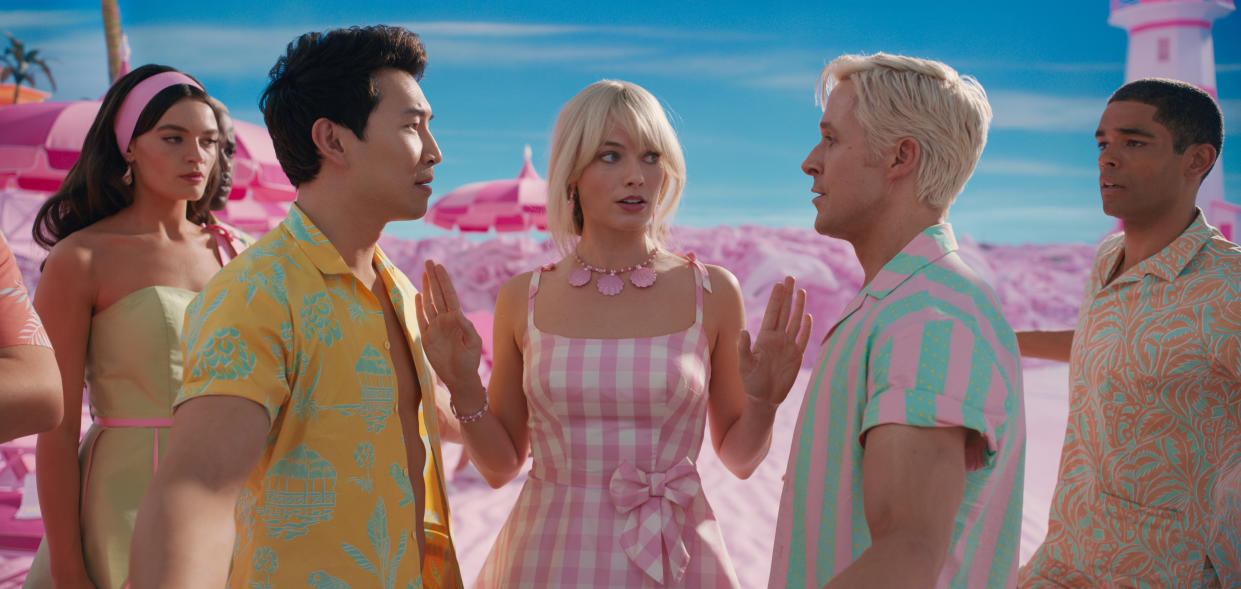 Emma Mackey, Simu Liu, Margot Robbie, Ryan Gosling and Kingsley Ben-Adir in Barbie. (Warner Bros.)