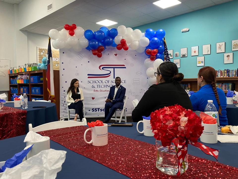 Texas Public Charter Schools Association vice president of charter school expansion Christine Gendron hosts a Q&A with State Board of Education member LJ Francis April 6, 2023 at the School for Science and Technology in Corpus Christi, Texas.