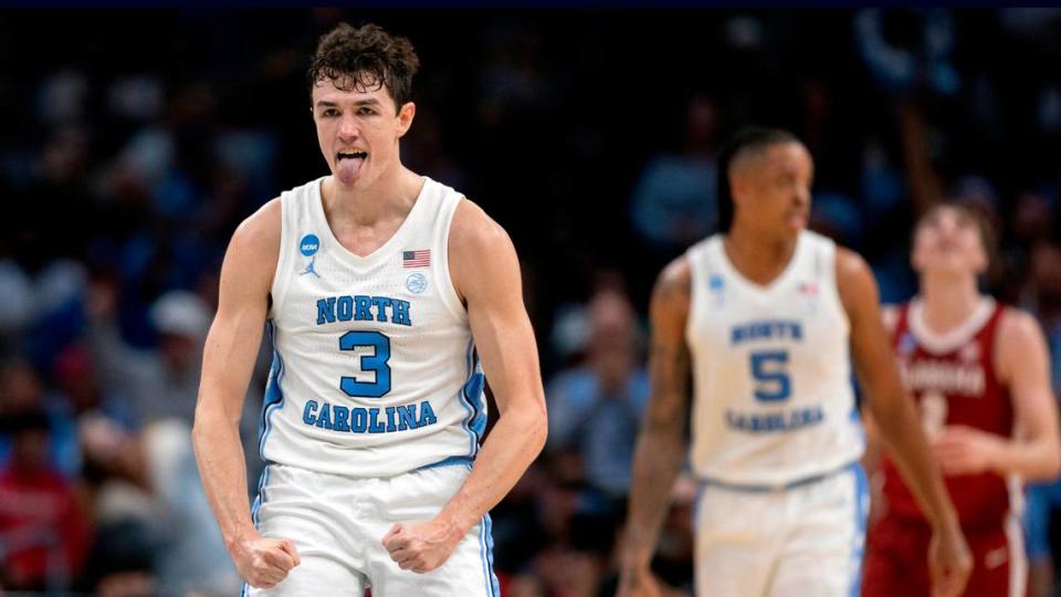 North Carolina’s Cormac Ryan (3) reacts after forcing a turnover and sinking a basket to give the Tar Heels a lead over Alabama in the first half during the NCAA Sweet Sixteen on Thursday, March 28, 2024 at Crypto.com Arena in Los Angeles, CA.