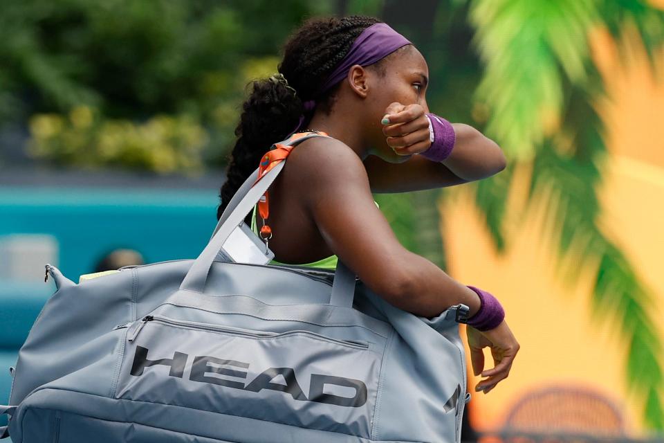 Mar 25, 2024; Miami Gardens, FL, USA; Coco Gauff (USA) leaves the court after her match against Caroline Garcia (FRA) (not pictured) on day eight of the Miami Open at Hard Rock Stadium. Mandatory Credit: Geoff Burke-USA TODAY Sports
