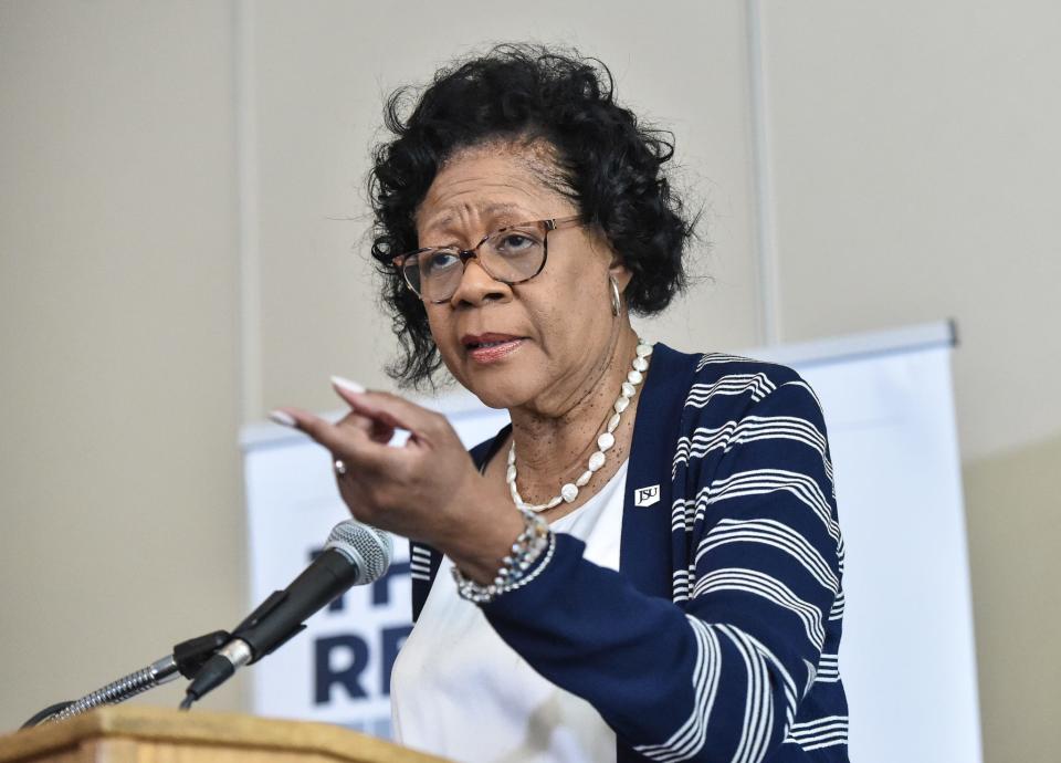 Jackson State announces Dr. Elayne Hayes-Anthony as interim President at the University in Jackson on Monday. Hayes-Anthony was named acting president following IHL’s decision to put Thomas K. Hudson on paid administrative leave.