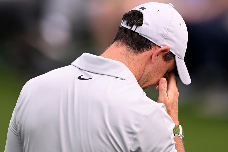 AUGUSTA, GEORGIA - APRIL 07:  Rory McIlroy of Northern Ireland reacts to his fourth shot on the second hole during the second round of the 2023 Masters Tournament at Augusta National Golf Club on April 07, 2023 in Augusta, Georgia. (Photo by Ross Kinnaird/Getty Images)