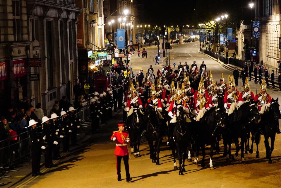 A night time rehearsal in central London for the coronation of King Charles III, which will take place this weekend. Picture date: Wednesday May 3, 2023.