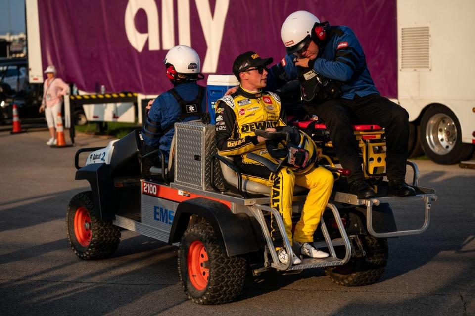 NASCAR Cup Series driver Christopher Bell is driven away after a collision during the Ally 400 at Nashville Superspeedway in Lebanon, Tenn., Sunday, June 30, 2024.