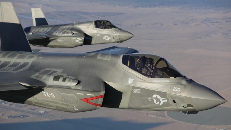 F-35C and B in formation, both from the NAVAIR test community (VX-9 and VMX-1). (James Deboer)