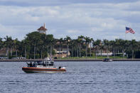 The security boat patrols near Mar-a-Lago Florida Resort on Wednesday, Jan. 20, 2021, in West Palm Beach, Fla. (AP Photo/Lynne Sladky)