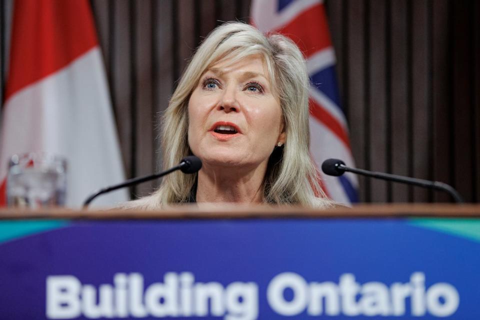 Mississauga Mayor Bonnie Crombie speaks at a press conference at Queen’s Park, in Toronto, on May 18, 2023 after announcing the dissolution of Peel Region.