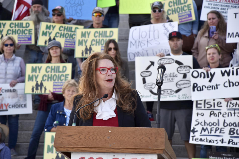 FILE - Superintendent of Public Instruction Elsie Arntzen speaks at a rally opposing mask requirements in schools, Oct. 1, 2021, in front of the state Capitol in Helena, Mont. Arntzen is seeking the Republican nomination for an open U.S. House seat in eastern Montana in the primary election, Tuesday, June 4, 2024. (AP Photo/Iris Samuels, File)