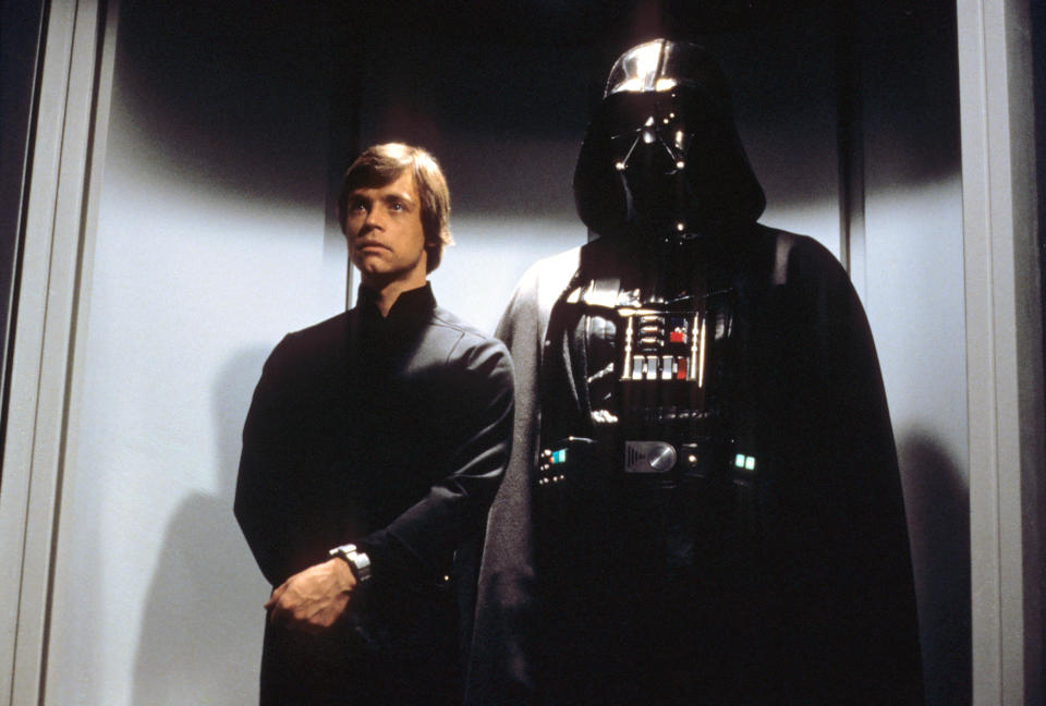 Luke Skywalker (Mark Hamill) and Darth Vader (voiced by Jones) in Star Wars: Episode VI — Return of the Jedi.