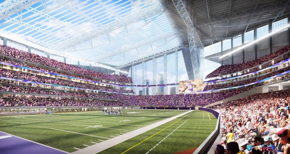 FILE - This artists rendering released on May 13, 2013, by the Minnesota Sports Facilities Authority and the Minnesota Vikings is the new Minnesota Vikings stadium. Minnesota's Supreme Court on Tuesday, Jan. 21, 2014, dismissed a lawsuit challenging the funding plan for a new Vikings football stadium, eliminating a legal obstacle that threatened a last-minute derailment of the project. The lawsuit was filed Jan. 10 by Doug Mann, an activist and former Minneapolis mayoral candidate who argued the stadium funding plan was unconstitutional. The state's highest court disagreed. (AP Photo/HKS Sports and Entertainment Group, File)