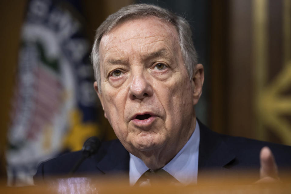 Senate Judiciary Committee Chair Dick Durbin (D-Ill.) speaks during a meeting on Capitol Hill May 18, 2023. (Francis Chung / Politico via AP file)