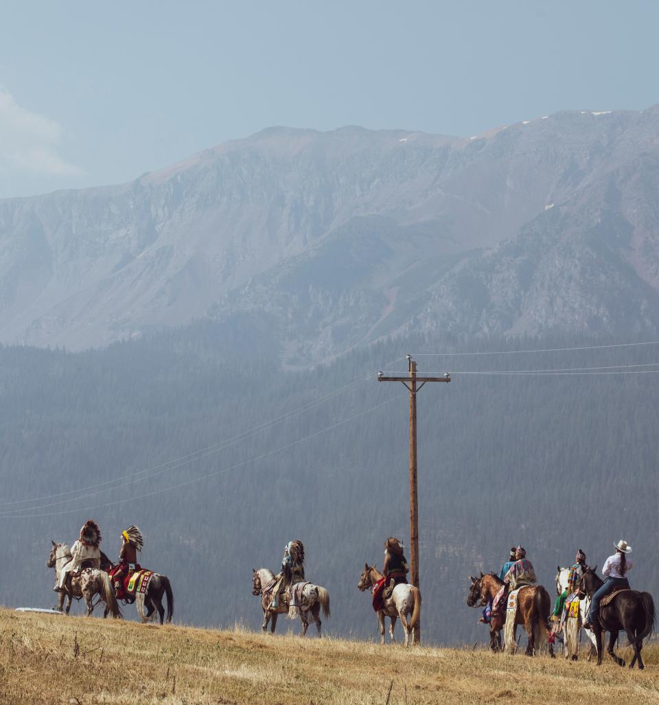 Members of the Nez Perce Tribe ride to Am’sáaxpa or "the place of boulders," for a land blessing ceremony on Thursday, July 29, 2021 in Joseph, Ore. The tribe purchased 148 acres of ancestral land in December 2020, over a century after being forced out of the area.