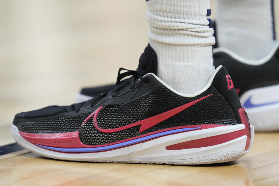 Gonzaga forward Drew Timme stands at the lane in the second half of a second-round college basketball game in the men's NCAA Tournament Sunday, March 19, 2023, in Denver. Timme likes the low-cut model of the LeBron James shoe. (AP Photo/David Zalubowski)