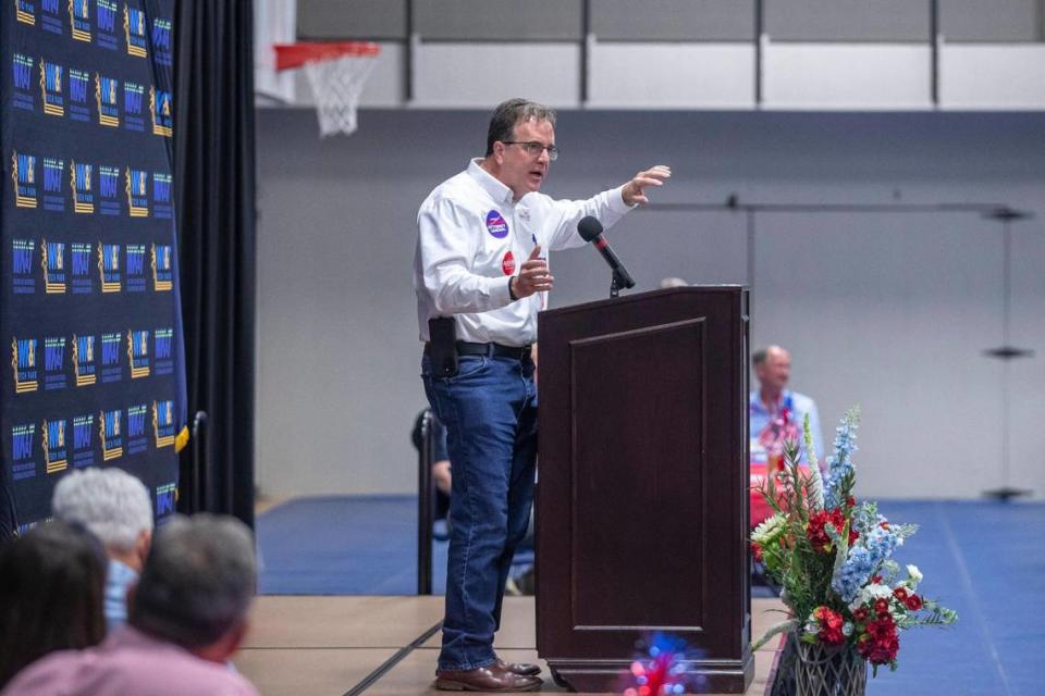 Kentucky State Auditor Mike Harmon speaks at the Graves County Republican Party Breakfast at WK&T Technology Park in Mayfield, Ky., on Saturday, Aug. 5, 2023.