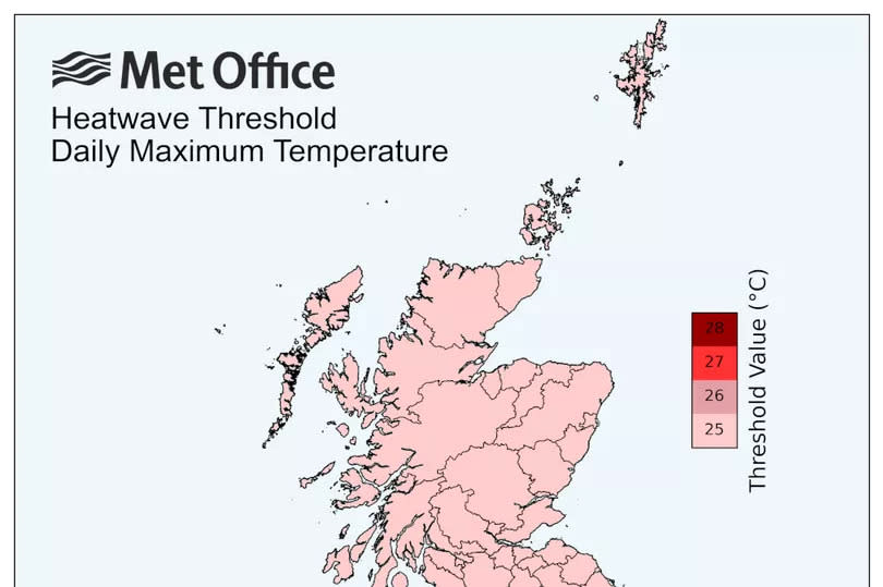 The heatwave threshold map - the darkest colour is 28C and the lightest is 25C. -Credit:The Met Office