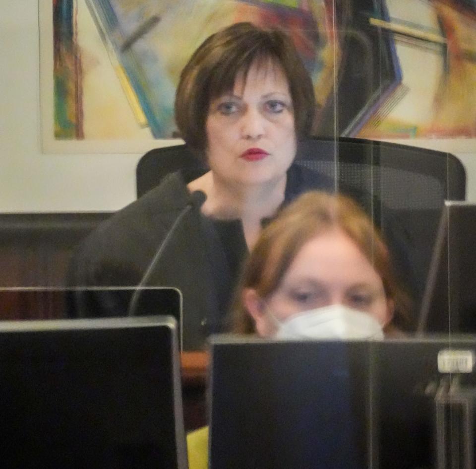 Circuit Judge Jean Kies during the sentencing of Clifton Blackwell, 64, who was convicted of first-degree reckless injury, with a dangerous weapon as a hate crime Wednesday, May 18, 2022, at Milwaukee County Courthouse in Milwaukee. Blackwell receives 10 years in prison for the the hate crime acid attack and five years of supervision.