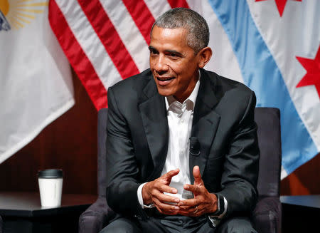 Former U.S. President Barack Obama speaks during a meeting with youth leaders at the Logan Center for the Arts at the University of Chicago to discuss strategies for community organization and civic engagement in Chicago, Illinois, U.S., April 24, 2017. REUTERS/Kamil Krzaczynski