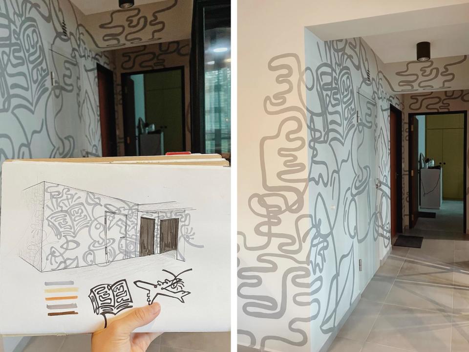 A collage showing a Picasso/Cubist-inspired mural commission that features grey squiggly lines next to the sketch.