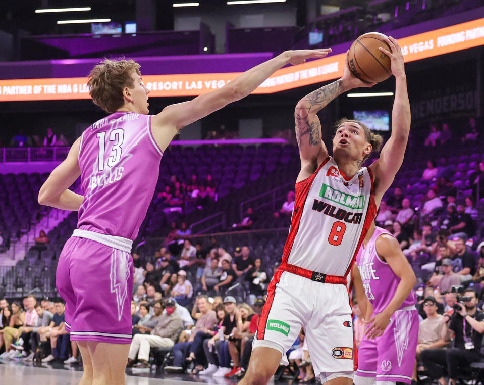 G League Ignite's Matas Buzelis defends a shot by Jordan Usher of the Perth Wildcats during an exhibition game on Sept. 8, 2023, in Henderson, Nevada. (Photo by Ethan Miller/Getty Images)