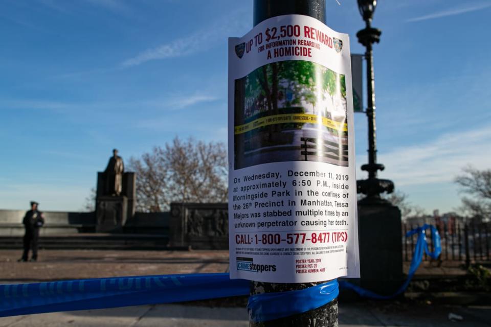 <div class="inline-image__caption"><p>A sign advertising a reward for information regarding the murder of Tessa Majors.</p></div> <div class="inline-image__credit">Jeenah Moon/Getty</div>