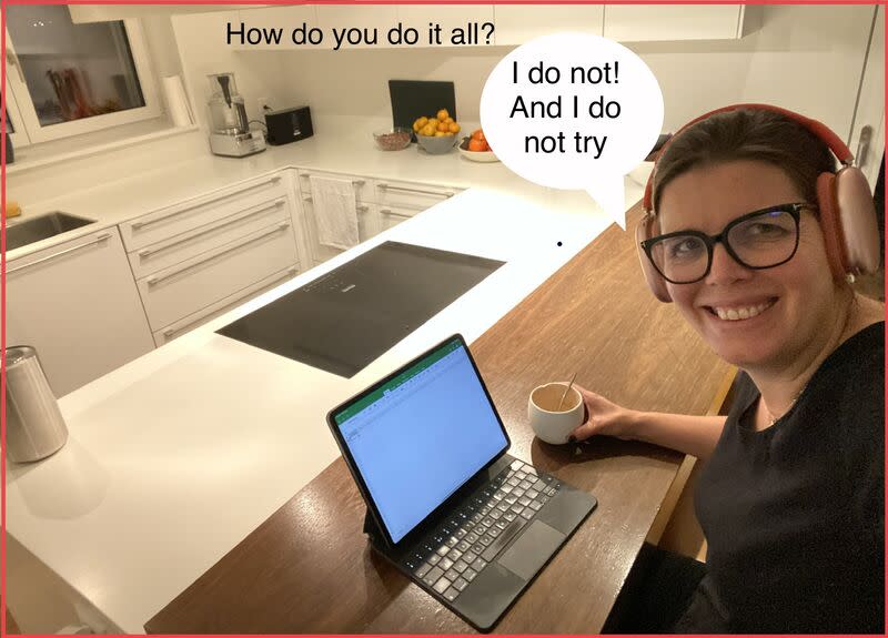 Miranda Prins-Visscher's LinkedIn post says she spends time in her kitchen behind a laptop or Excel worksheet or having meals with the kids, not behind the stove.