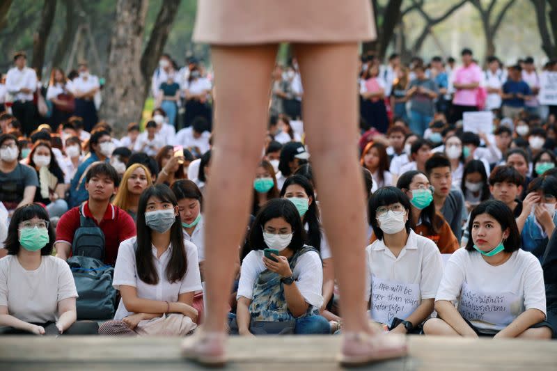 Thai students protest against a court's decision that dissolved the country's second largest opposition Future Forward party, less than a year after an election to end direct military rule, at Chulalongkorn University, in Bangkok