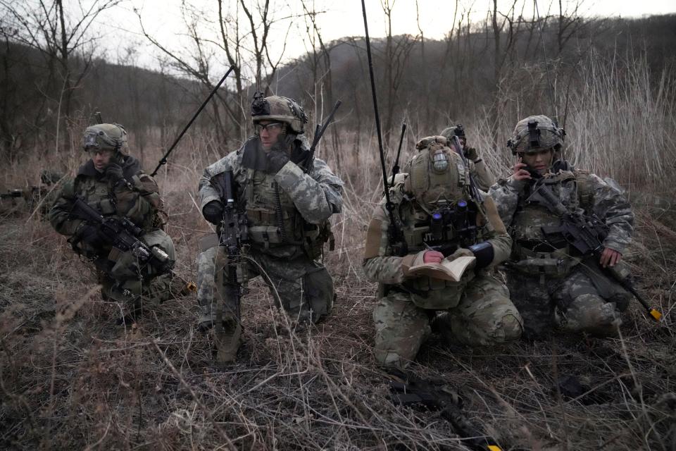 U.S. soldiers participate in a joint military drill with South Korea in Paju, South Korea, Thursday, March 16, 2023.