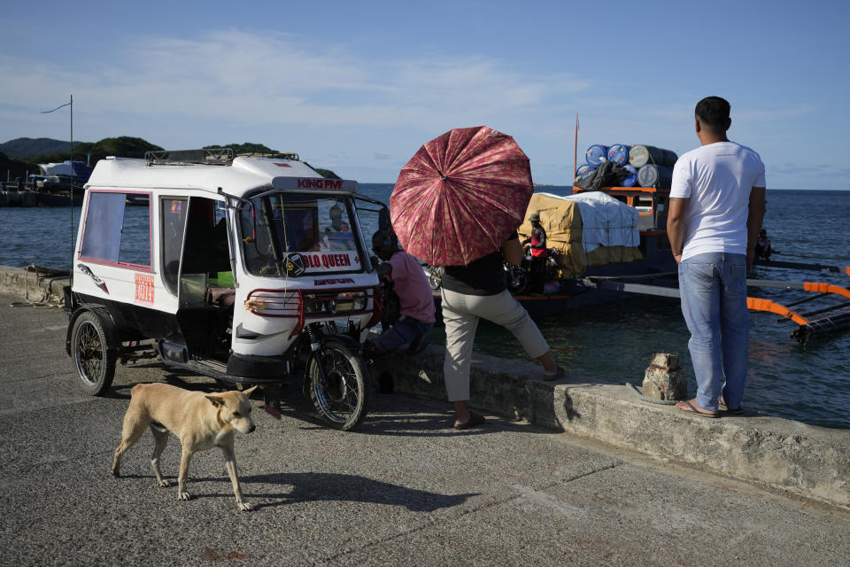 A dog passes by workers unloading from a boat at the port of the coastal town of Santa Ana, Cagayan province, northern Philippines on Tuesday, May 7, 2024. The United States and the Philippines, which are longtime treaty allies, have identified the far-flung coastal town of Santa Ana in the northeastern tip of the Philippine mainland as one of nine mostly rural areas where rotating batches of American forces could encamp indefinitely and store their weapons and equipment within local military bases under the Enhanced Defense Cooperation Agreement, or EDCA. (AP Photo/Aaron Favila)